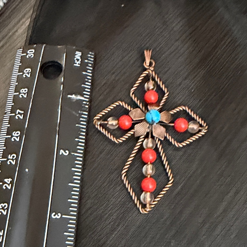Copper Cross Pendant with Red and Turquoise Beads - Picture 3 of 6